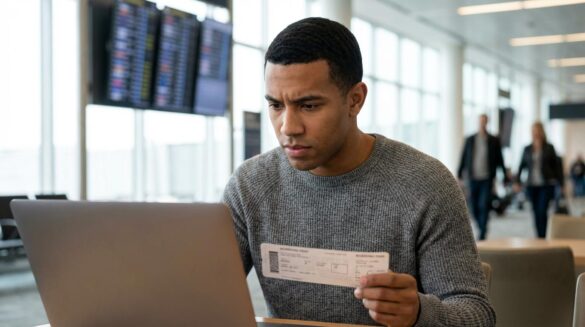 Bono de 100M€ de Ryanair: premio merecido o bug del sistema Hombre joven en un aeropuerto mirando su portátil y sosteniendo una tarjeta de embarque.