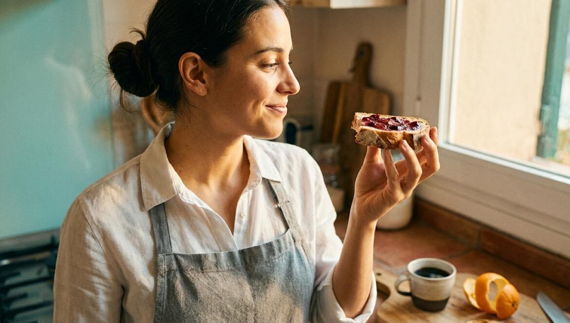 Café con naranja en la tostada de jamón: el giro que rompe el dogma del aceite Cocinera joven sosteniendo una tostada de jamón frente a una taza de café y una naranja en una cocina luminosa.