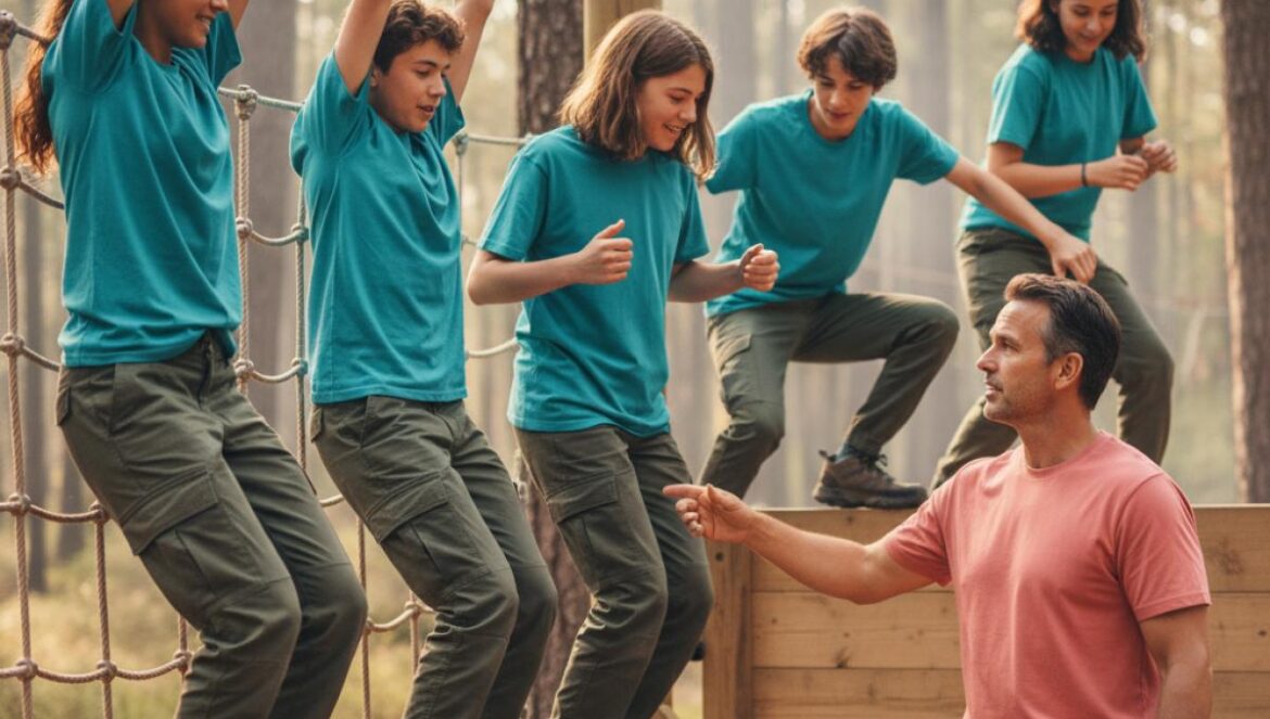 Campamentos tipo mili en España: disciplina, autoestima y riesgos que la Generación Z está buscando Adolescentes con camisetas iguales entrenan en un circuito de obstáculos al aire libre junto a un instructor.