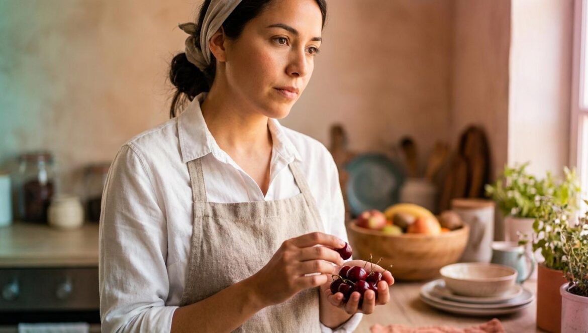 Cerezas chilenas perfectas que acaban destruidas: la otra cara de tu frutero Cocinera joven observando atentamente un puñado de cerezas frescas en una cocina iluminada.