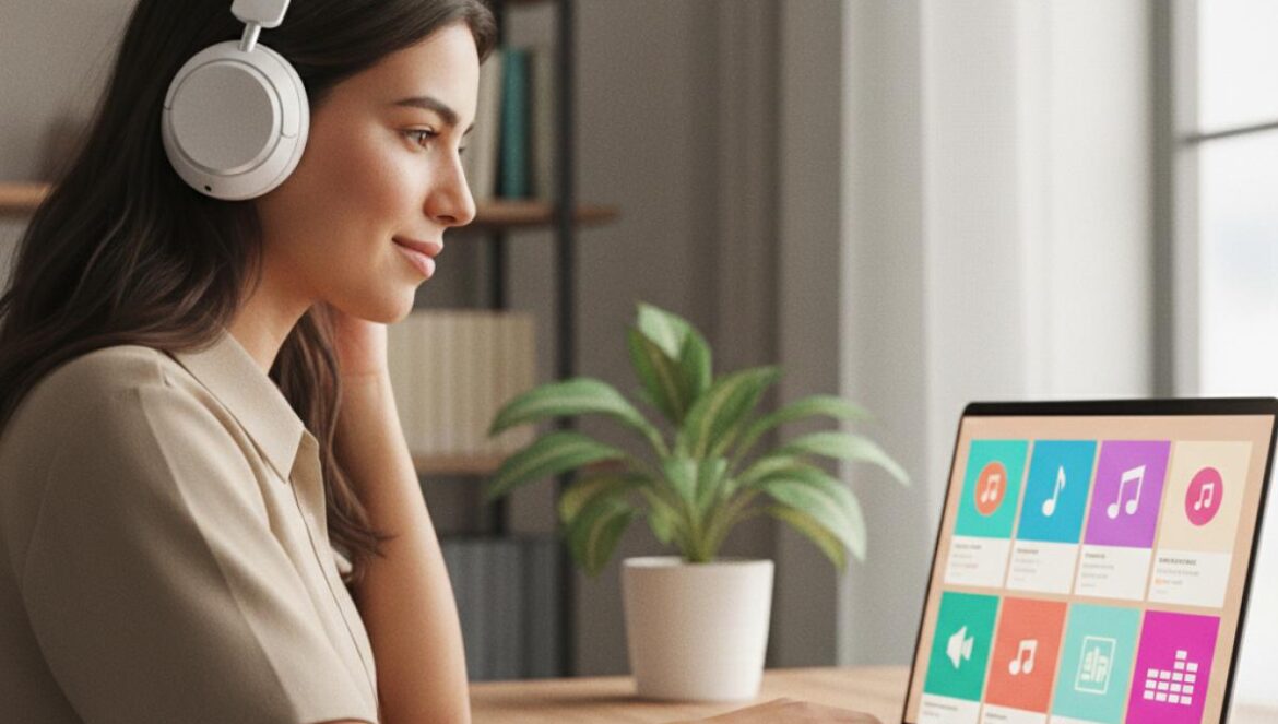 Charli xcx, Nicki en la ONU y la semana en que el pop se volvió trama Joven con auriculares mira en el portátil varias noticias musicales con conciertos, políticos y gráficos de inteligencia artificial.