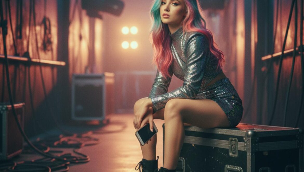 Charli XCX y el trabajo de ser ridícula: la verdad detrás del pop Cantante pop joven sentada sola entre cables y equipos detrás del escenario, mirando su teléfono con gesto cansado.