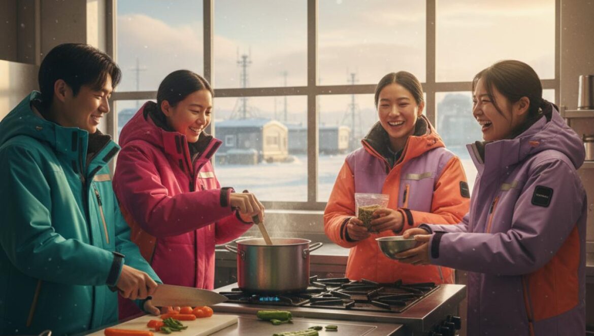 Chef of Antarctica: el reality que mezcla idols, comida caliente y crisis climática en el fin del mundo Cuatro personas asiáticas con ropa de expedición cocinan juntas en una base rodeada de nieve y hielo.