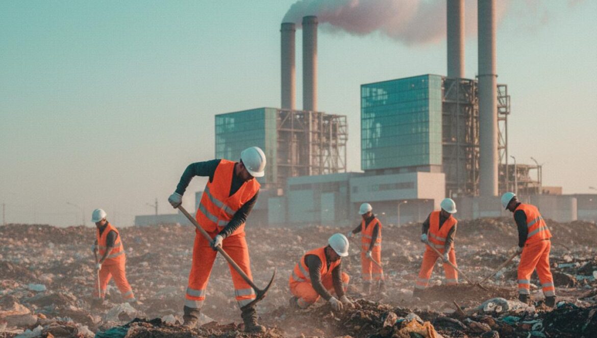 China se quedó sin basura: por qué están desenterrando vertederos y qué nos enseña eso Trabajadores con chalecos y cascos desentierran basura en un vertedero antiguo frente a una gran planta incineradora.
