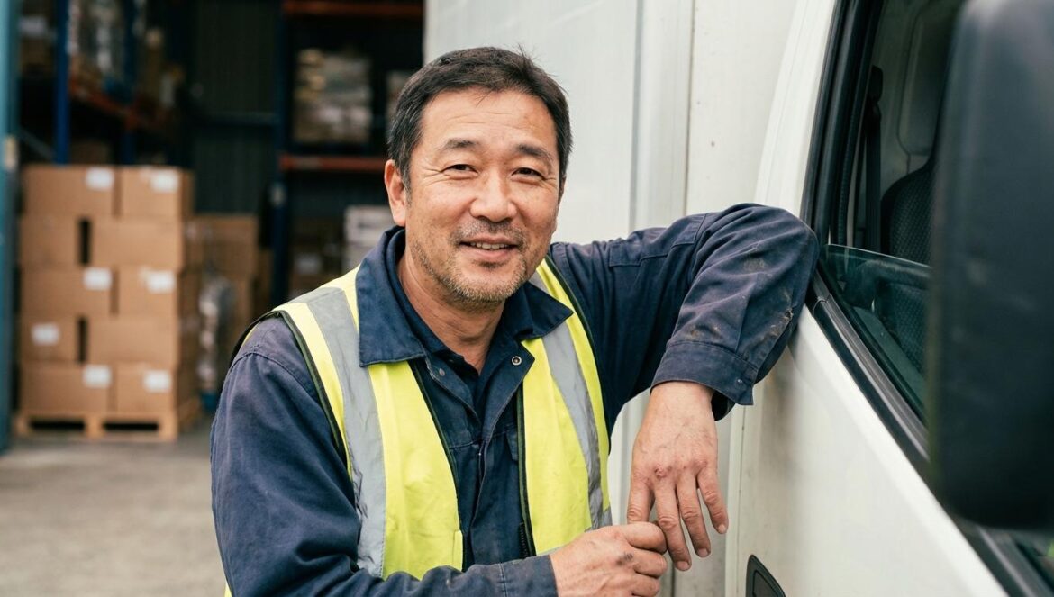 Choi ChangGyun y la fama que no paga el alquiler: lo que revela su nuevo trabajo Hombre coreano de mediana edad con chaleco de trabajo apoyado en un camión frente a un almacén.