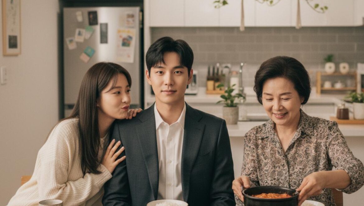 Choi Woo Shik en Would You Marry Me: la ‘prueba de la suegra’ que redefine la comedia romántica Joven con traje cenando con la madre de su pareja; mesa repleta de platos coreanos y novia en ropa cómoda en un salón-cocina cálido.