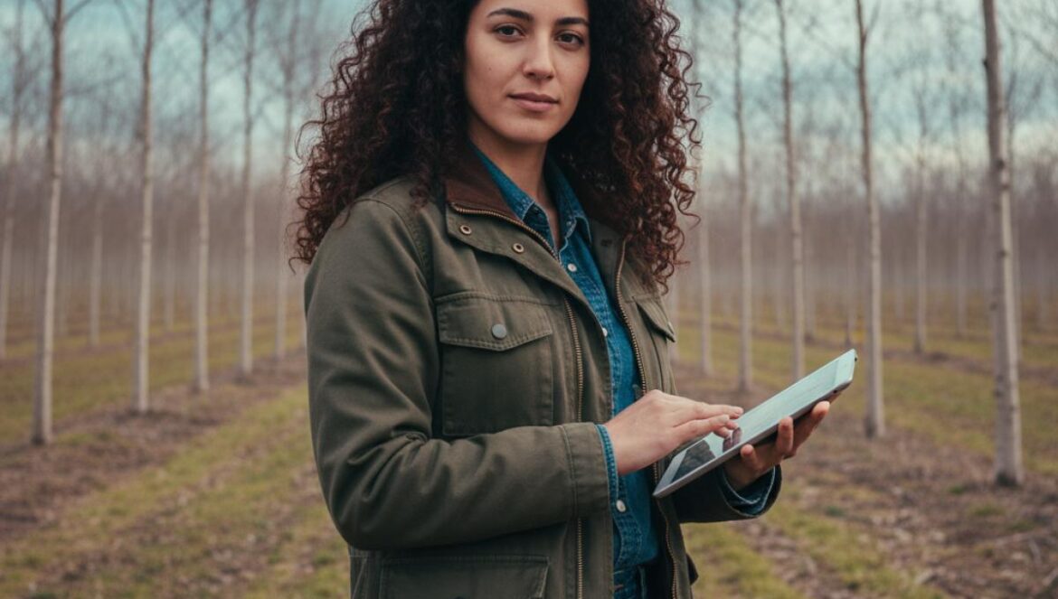 Chopo en España: cómo el “árbol de los huevos de oro” está reescribiendo la bioeconomía y el bienestar rural Ingeniera forestal observa una plantación de chopos alineados en un paisaje rural, luz suave