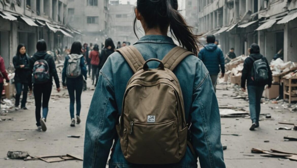 Concrete Market: el terremoto que convierte una comunidad en mercado brutal de supervivencia que se siente más real que la inflación Chica adolescente corre con una mochila hacia un mercado improvisado dentro de un bloque de pisos dañados tras un desastre.