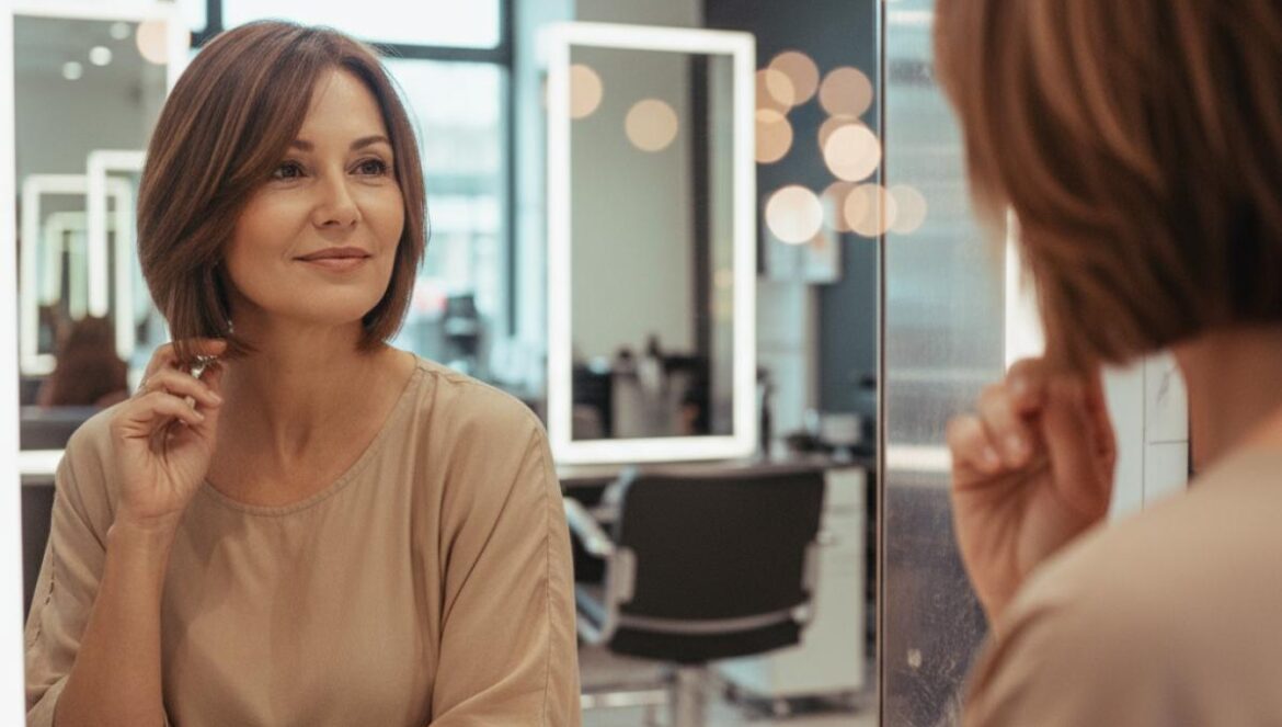 Cortes de pelo asimétricos para mujeres de 50: el truco de volumen y movimiento que sí rejuvenece Mujer de mediana edad con bob asimétrico, tocando el flequillo frente a un espejo de salón, luz natural.