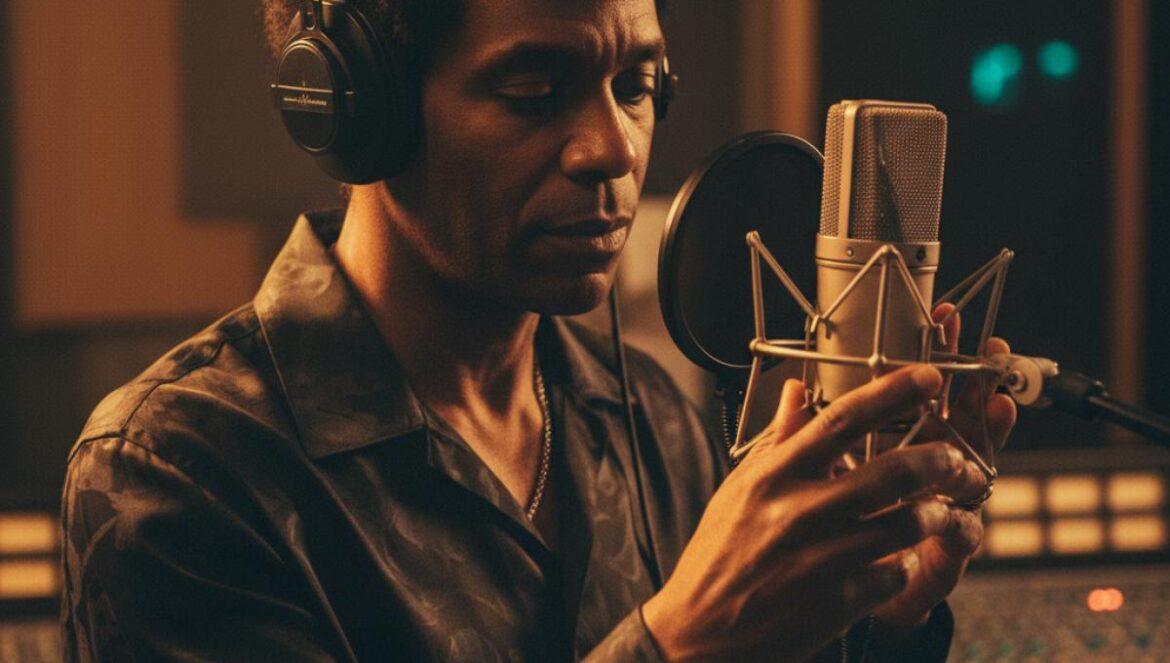 D’Angelo: Questlove insinúa música póstuma y abre el debate sobre honrar su legado sin explotar su mito Cantante de soul afrodescendiente en estudio, con auriculares, frente a un micrófono vintage, luz cálida.