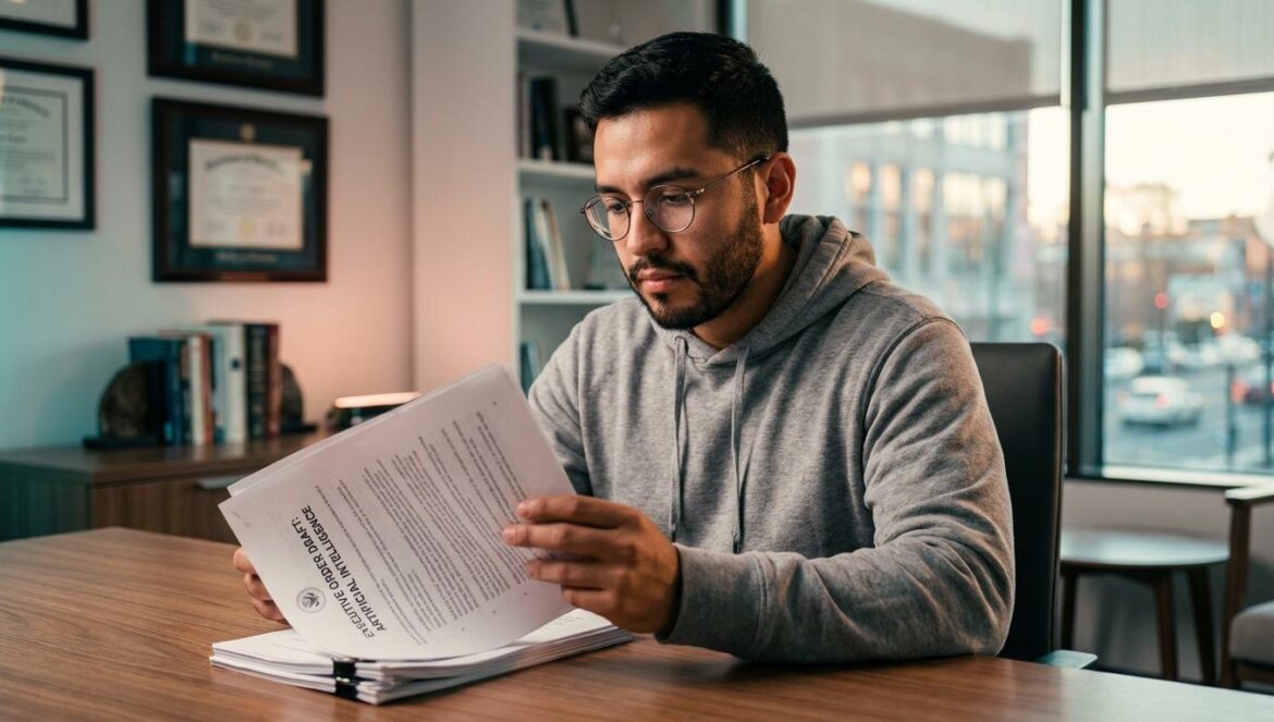 David Sacks vs los estados: la jugada de las leyes de IA que salió mal Joven profesional latino de tecnología leyendo concentrado un borrador impreso sobre regulación de IA en una oficina moderna.