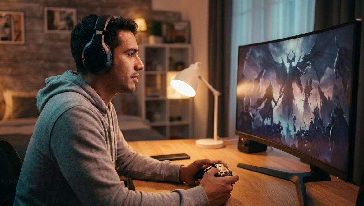 Joven jugador con auriculares mira atentamente un tráiler de fantasía oscura en su monitor.