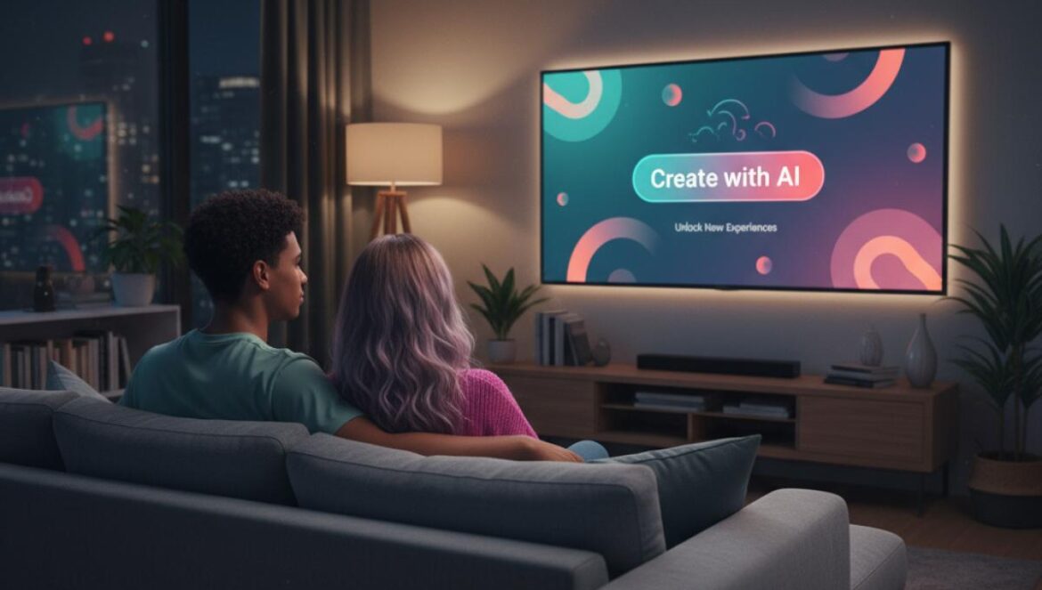 Disney Plus quiere que crees videos con IA: el plan real para convertir el streaming en un parque jugable Pareja joven en el salón mirando la TV; la app de streaming muestra un botón “Crear con IA” mientras editan un clip en el móvil.