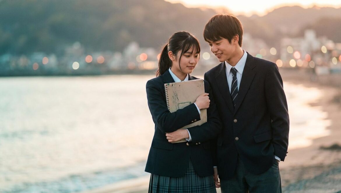 Even If This Love Disappears: el romance coreano que convierte la memoria en acto de amor Pareja adolescente asiática con uniforme escolar junto al mar al atardecer, ella con un cuaderno de dibujo y él mirándola con ternura.