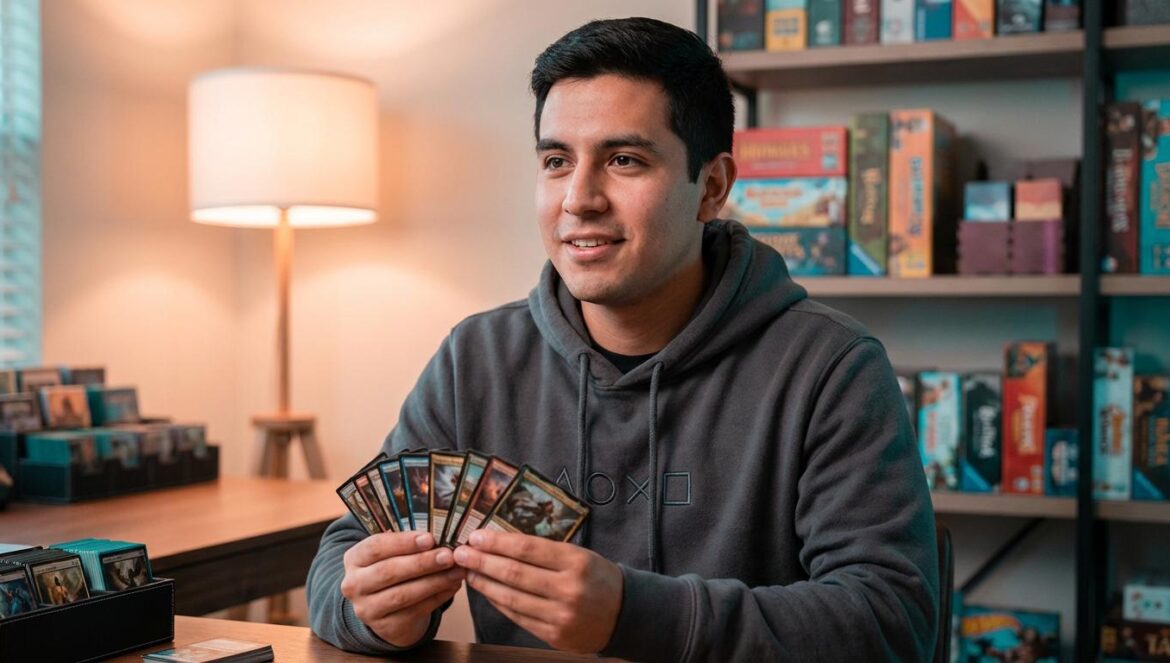 Final Fantasy Commander: el mazo de Terra se desploma de precio y cambia las reglas del juego Joven jugador hispano sosteniendo cartas de juego de mesa frente a una estantería llena de juegos y cajas de cartas.
