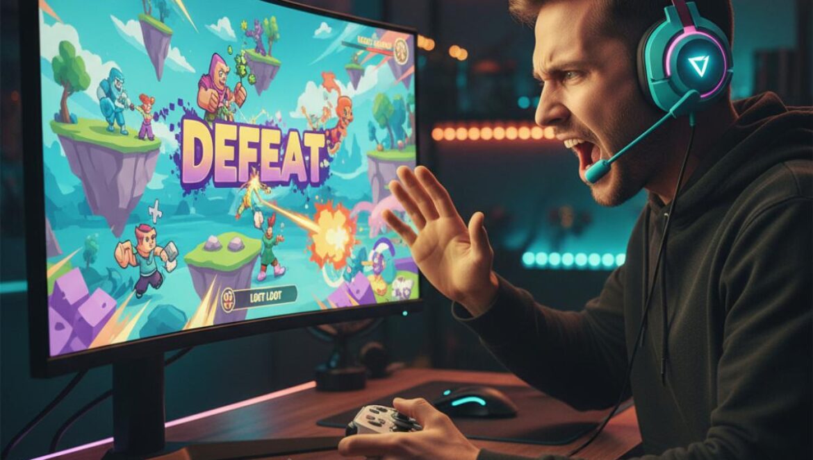 Fortnite y la temporada de Los Simpson: por qué todos ven cheaters donde hay diseño y psicología Jugador joven con auriculares enfadado frente a la pantalla de un juego tipo battle royale inspirado en dibujos animados.