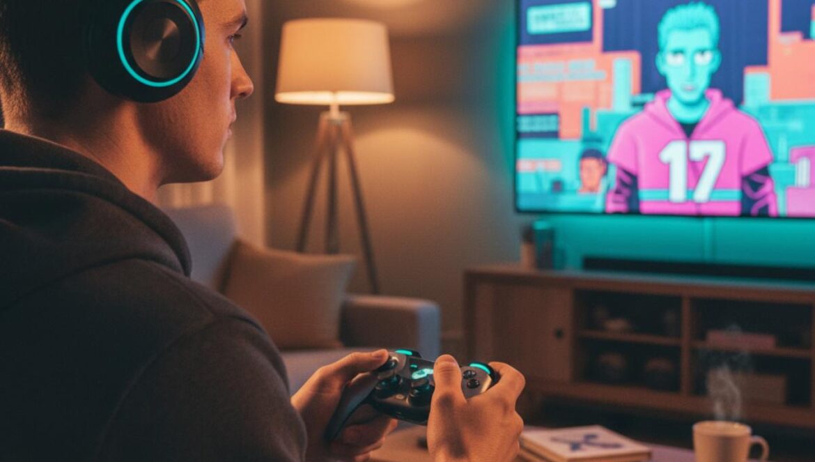 Fortnite y Los Simpson: cuatro cortos también en Disney Plus, calendario, cómo verlos y por qué importa Jugador con auriculares mira un corto animado en una televisión, con interfaz de misiones de juego visible.