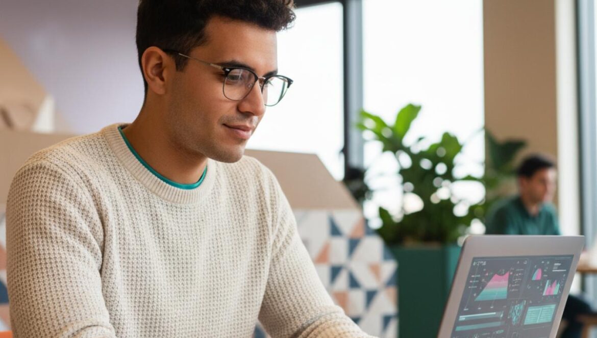 Gemini Deep Research entra a tu Gmail y Drive: así cambia la investigación (y los riesgos) en tu trabajo Joven profesional revisa en su portátil un informe generado por IA en un coworking luminoso.