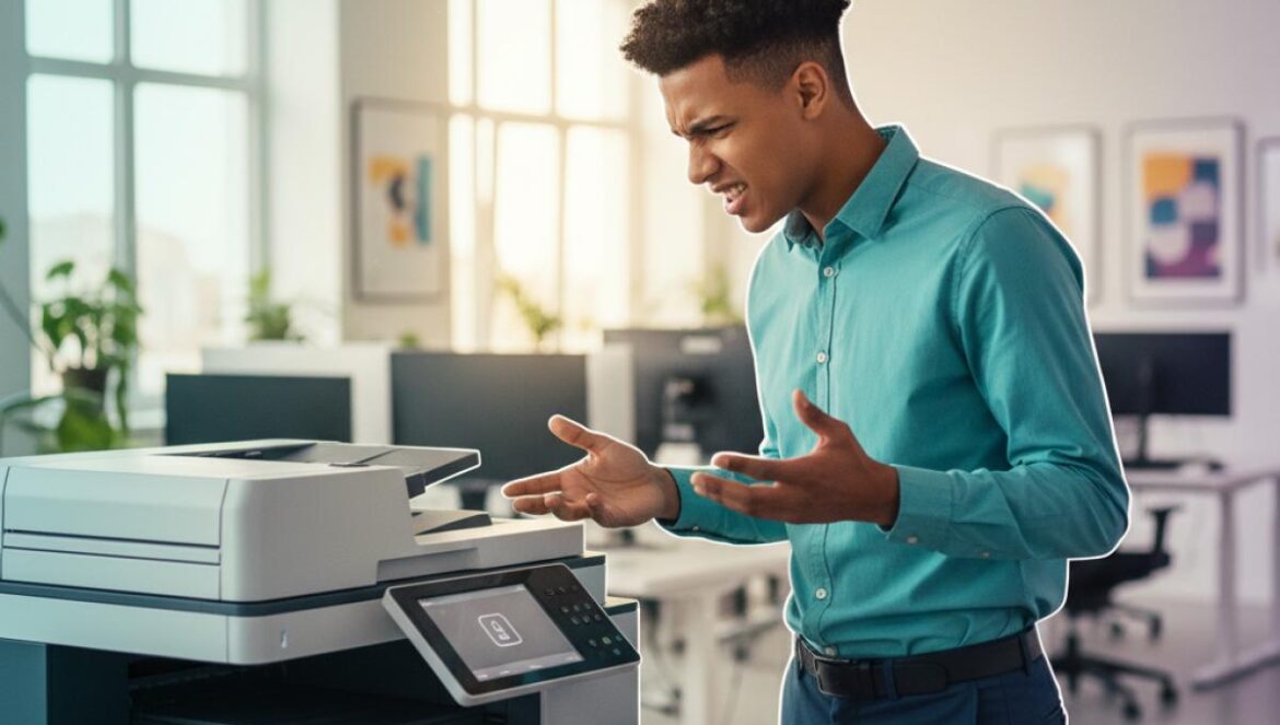 Generación Z vs. tecnología ‘obsoleta’: por qué fallan con impresoras y cómo arreglarlo desde dentro Joven frente a una impresora multifuncional en oficina abierta, revisando la pantalla con gesto de confusión.