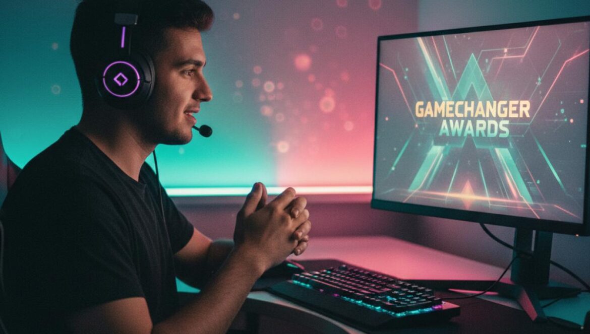 Golden Joystick Awards 2025: Clair Obscur sacude el trono AAA Joven con auriculares gaming viendo una gala de premios en el monitor de su PC en una habitación con luces LED.