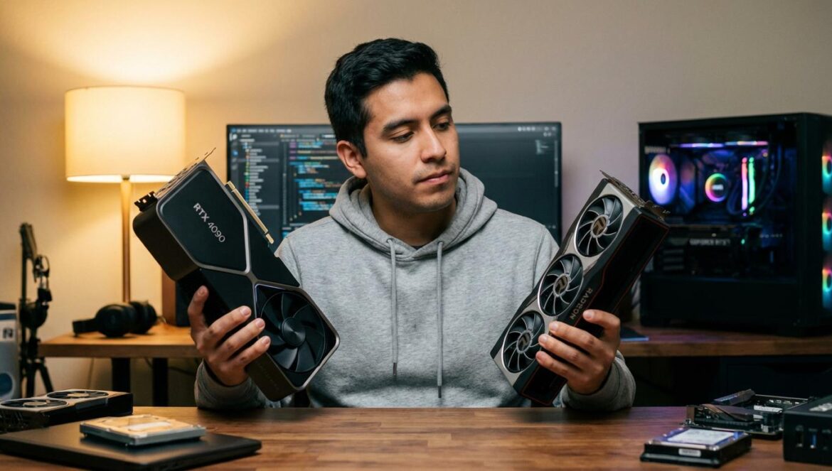 GTX 1650 vs RX 7900 XT: el detalle que de verdad cambia tu forma de jugar Jugador joven comparando dos tarjetas gráficas frente a su PC en un escritorio.