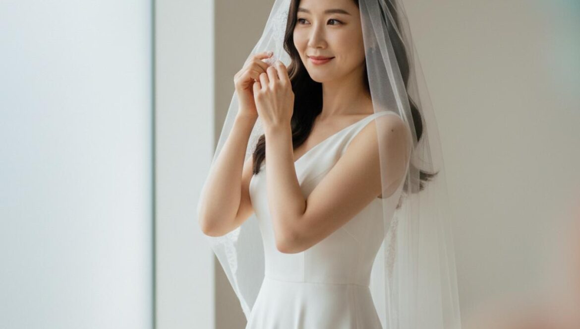 Hahm Eun Jung revela fotos de boda íntimas y redefine el amor K-pop adulto con un wedding pictorial sereno Actriz coreana con vestido blanco ajusta su velo en un estudio, luz suave y fondo neutro.