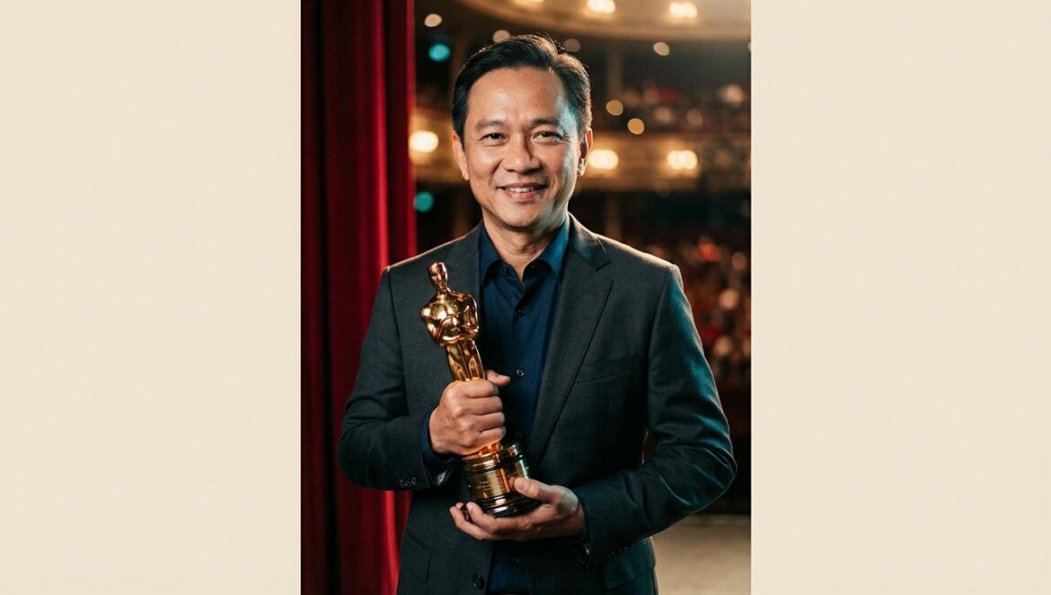 Haing S. Ngor y el Oscar que convirtió un genocidio en memoria viva Hombre asiático de mediana edad, con traje oscuro, sostiene una estatuilla dorada frente a un fondo de teatro desenfocado.