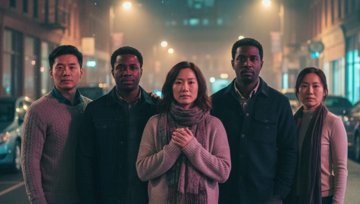 Heroes Next Door convierte el barrio en campo de batalla íntimo: Yoon Kye Sang y Lee Jung Ha lideran la ola local Cinco adultos en una calle de barrio nocturna, ropa casual y miradas decididas, unidos como equipo improvisado para defender su comunidad.