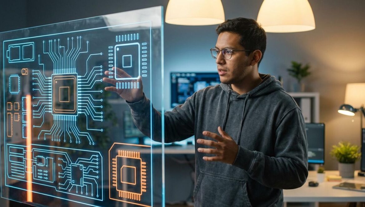 Huawei cambia las reglas: chips de 3 nm sin EUV y un nuevo mapa tech Joven ingeniero latino observando esquemas de chips en una pantalla transparente en un laboratorio moderno.