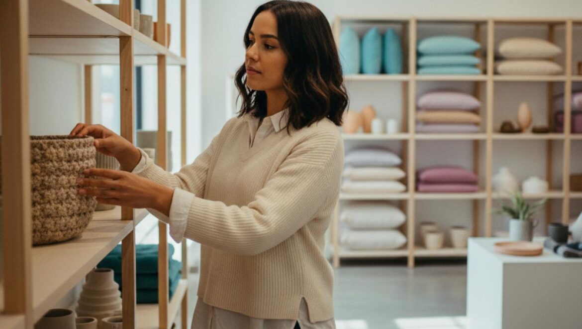 IKEA barato vs IKEA “excursión”: lo que JYSK revela de nuestra cabeza agotada Mujer joven observando cojines y cestas en una pequeña tienda de decoración de estilo nórdico.