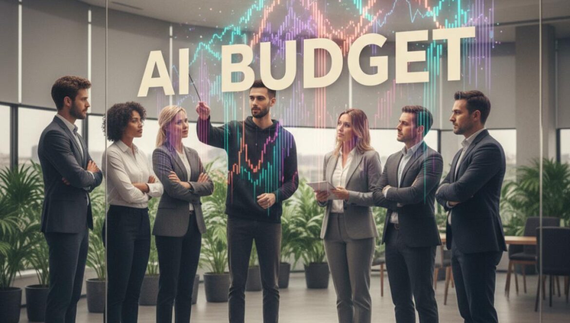 Industria de la IA con FOMO: los 400.000 millones en capex y el costo oculto que puede quebrar a startups Equipo en una sala de juntas observa gráficos de gasto en nube y presupuesto de IA en una pantalla grande.