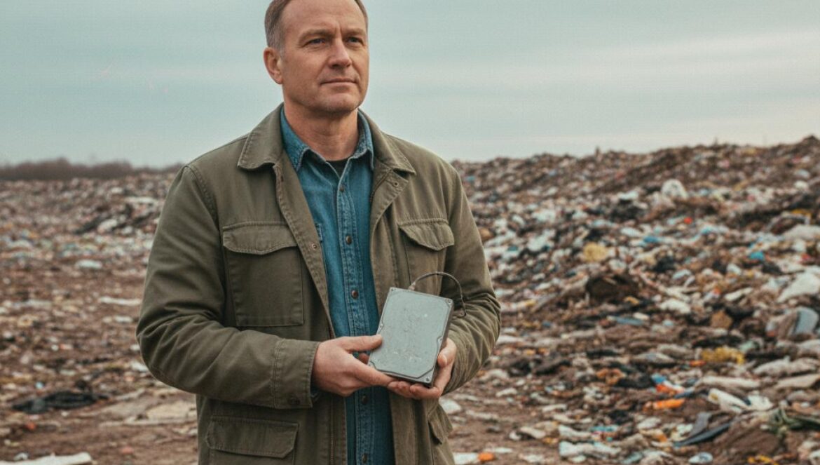 James Howells y su bitcoin enterrado: la docuserie que convierte un vertedero en un escenario de justicia Hombre de mediana edad sostiene un disco duro frente a un vertedero, con cielo nublado y gesto concentrado.