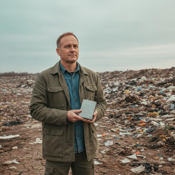 James Howells y su bitcoin enterrado: la docuserie que convierte un vertedero en un escenario de justicia Hombre de mediana edad sostiene un disco duro frente a un vertedero, con cielo nublado y gesto concentrado.