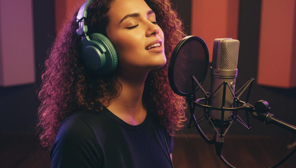 Jessy Blakemore y la nueva regla del juego pop: sueña suave, muerde fuerte Cantautora joven con auriculares cantando frente a un micrófono en un estudio oscuro.
