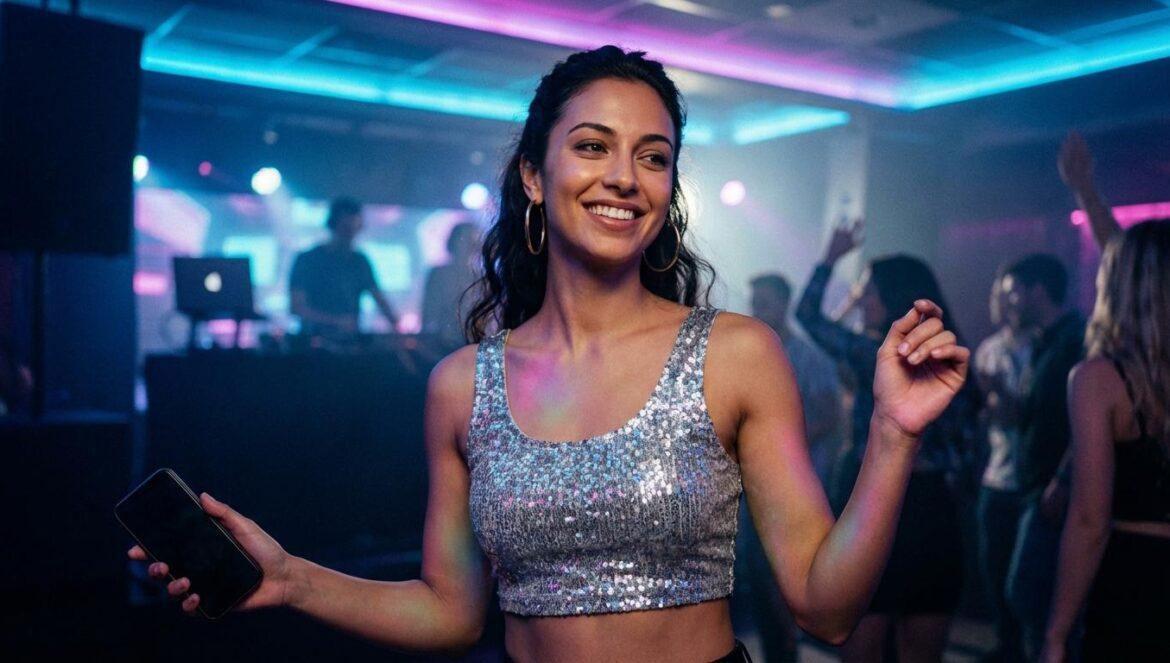 JT sale del molde del rap y se corona en la noche queer de Nueva York Joven bailando en un club iluminado en tonos azul y rosa, con el móvil apagado en la mano y el público desenfocado detrás.