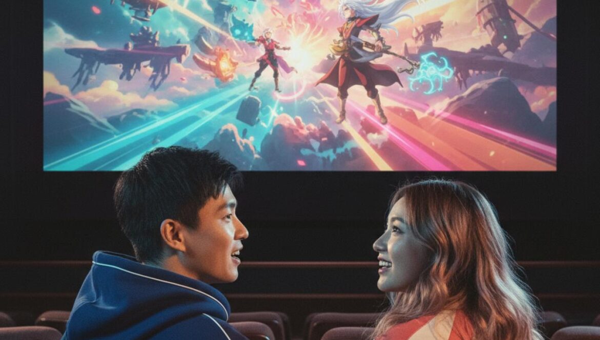 Jujutsu Kaisen: Execution tendrá pase IMAX único y prepara el terreno para la temporada 3 Dos jóvenes asiáticos miran un tráiler de anime en una sala con pantalla gigante y luz azul tenue.