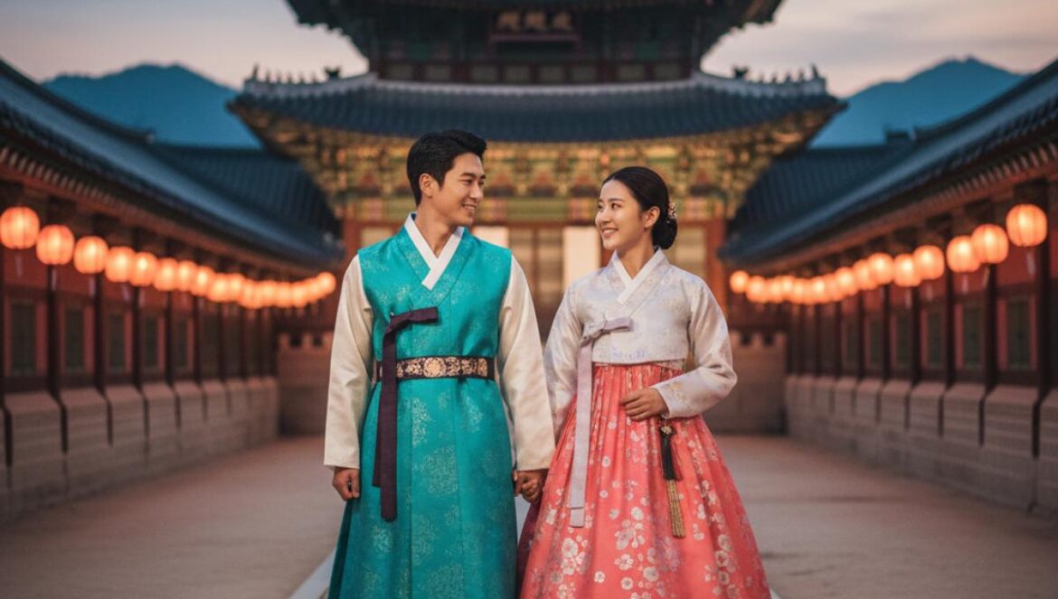 K-dramas históricos 2025: el sageuk 3.0 mezcla romance, isekai y cocina para arrasar en streaming Pareja joven con hanbok camina por un patio de palacio al atardecer, faroles encendidos y techos tradicionales al fondo.