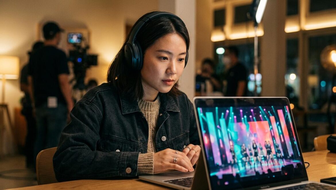 Kep1er en “Best Artist 2025”: el movimiento clave que revela su plan en Japón Periodista joven mirando en su portátil una actuación de K-pop en un programa musical japonés.