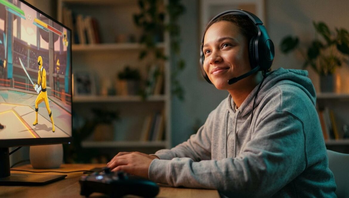 Kill Bill en Fortnite: el capítulo perdido que adelanta el futuro de Tarantino Joven con auriculares gamer mira una pantalla donde se ve una luchadora con traje amarillo en una arena de combate colorida.