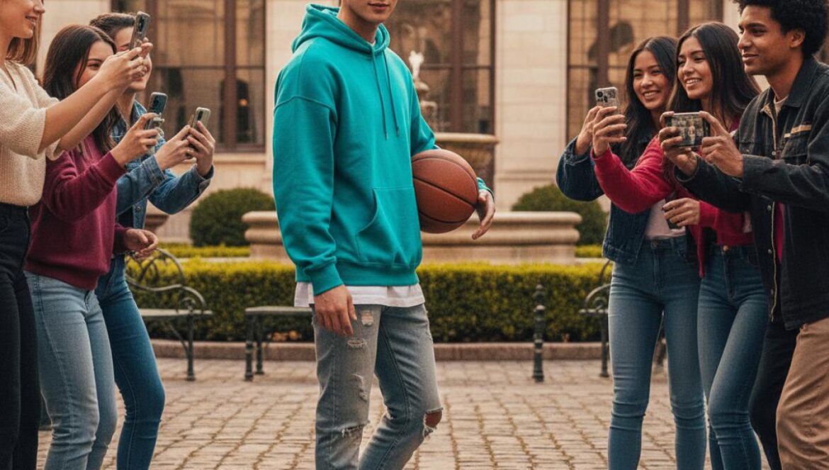 Kim Yo Han en LOVE.exe: el “crush” del campus que actualiza la comedia romántica con influencer reality Joven asiático con balón en un campus, rodeado de estudiantes grabando con sus móviles, luz de día.