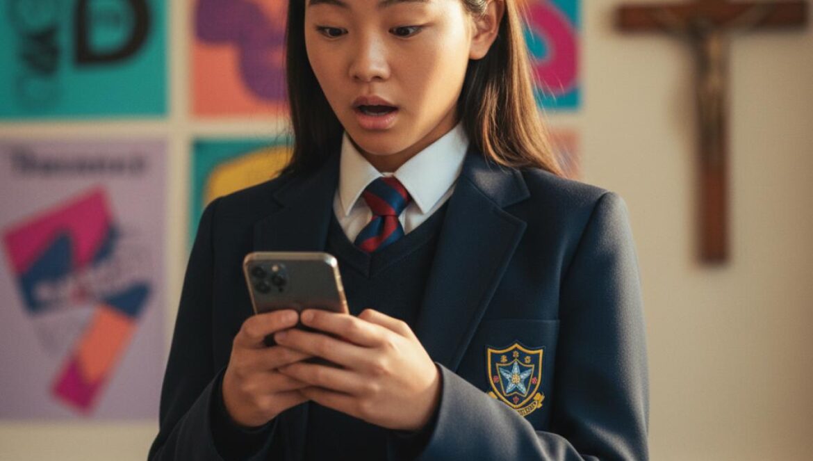 KPop Demon Hunters vetada en un colegio británico: ¿qué teme realmente el sistema escolar? Estudiante adolescente en aula cristiana mira su móvil mientras al fondo se ven carteles de pop coreano y una cruz en la pared.