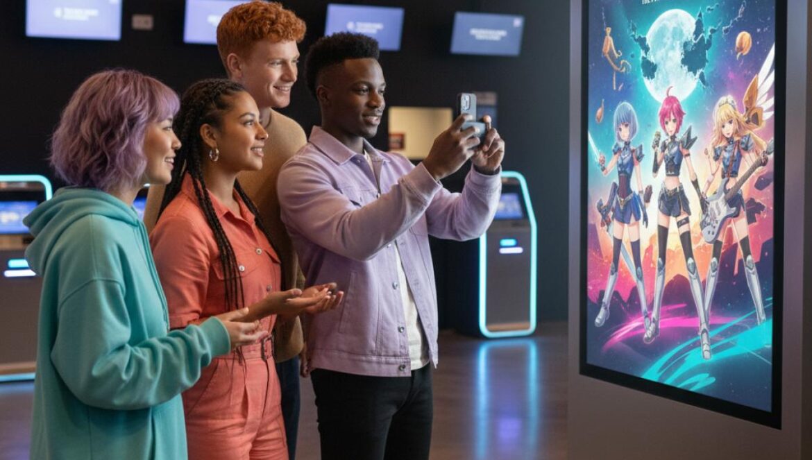 KPop Demon Hunters vs BAFTA: la batalla por la “ventana” que reescribe cómo compiten los éxitos de Netflix Jóvenes en el vestíbulo de un cine observan un cartel digital de una película animada de idols pop.