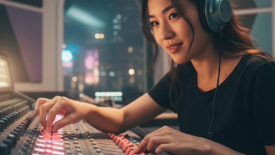 Krystal anuncia Solitary: el docu que reescribe su regreso K-pop entre Londres, Jeju y Toro y Moi Cantante asiática con cascos revisando una mesa de mezclas en un estudio moderno