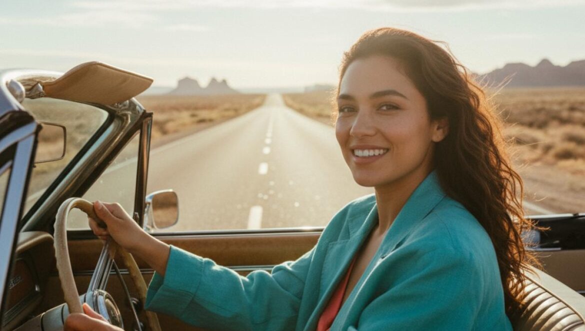 La carretera más recta del mundo y lo que revela sobre tu paciencia, tu foco y tu forma de vivir el tiempo Mujer joven conduciendo por una carretera recta infinita en medio del desierto bajo el sol.
