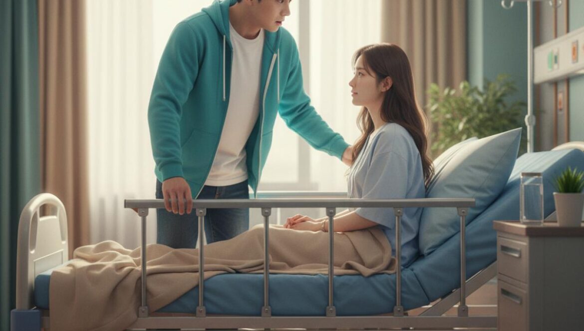 Last Summer rompe el cliché del hospital y del oppa salvador Joven preocupado junto a la cama de una mujer con bata en una habitación de hospital luminosa.