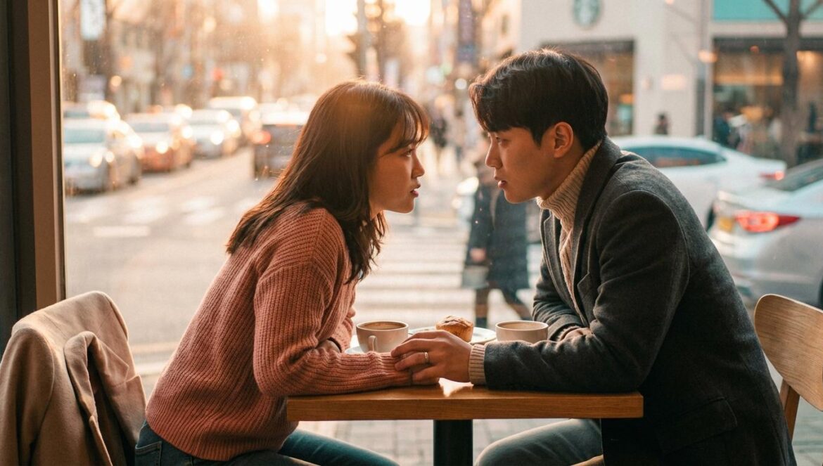 Last Summer y la pareja “perfecta” que se está rompiendo por dentro Pareja joven coreana en una cafetería, sentada frente a frente, con gesto tenso y manos entrelazadas.
