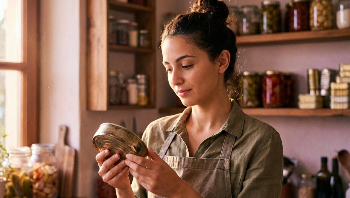 ¿Lata de salmón de 50 años? La pista inesperada sobre un océano sano Cocinera joven observando con curiosidad una vieja lata de pescado en una cocina iluminada.