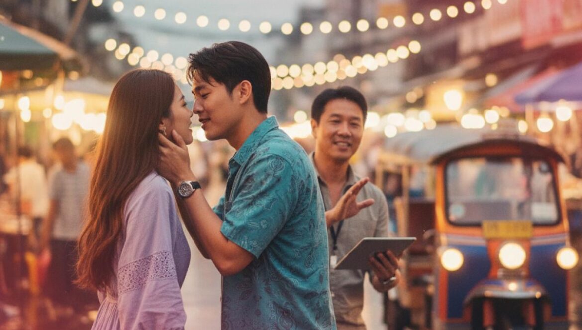 Dos actores jóvenes ensayan un beso con un director en una calle con tuk-tuk al atardecer.