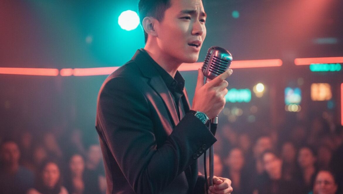 Lee Junho en Typhoon Family: la serenata en un club tailandés que une negocio, romance y poder idol Joven asiático canta con micrófono en un club nocturno, traje oscuro, luces de neón y público atento.