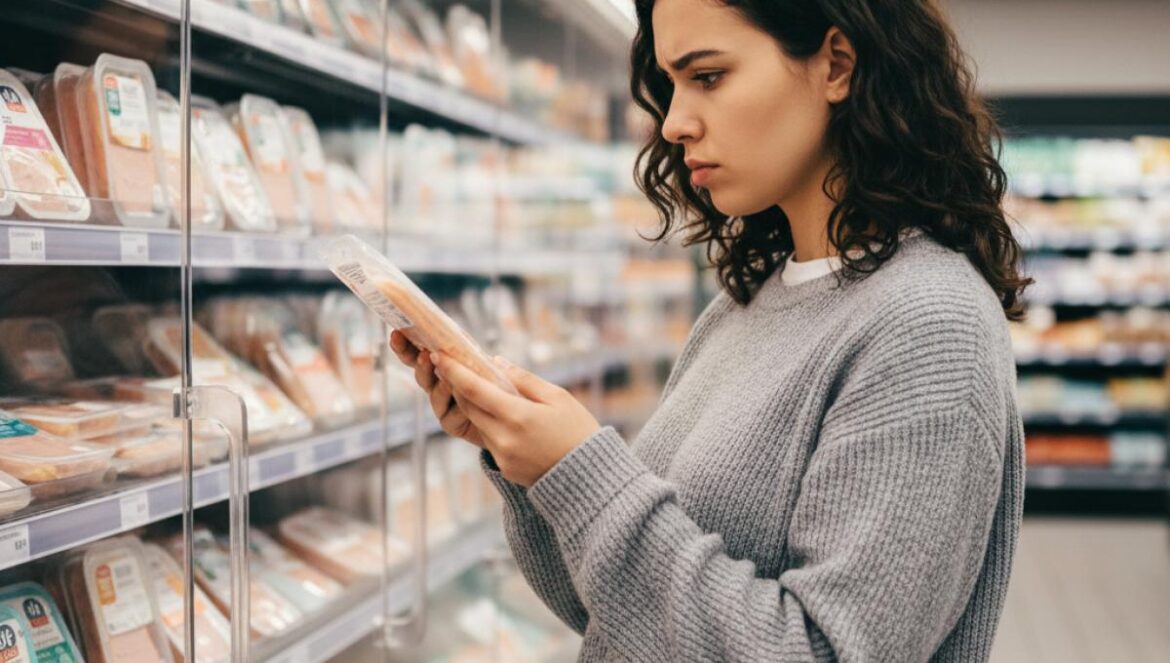 Listeria en embutidos de súper: lo que nadie te cuenta de tus fiambres diarios Mujer joven revisando la etiqueta de un paquete de embutido en la vitrina refrigerada de un supermercado.